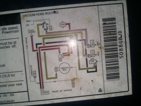 1994 Ford Bronco - Underhood vacuum hose routing diagram with color-coded lines to throttle body, EGR and FPRC components.