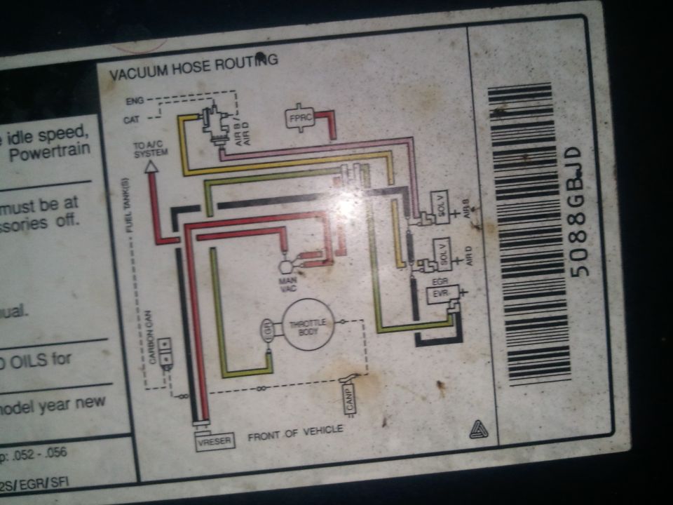 Color-coded vacuum hose routing diagram showing throttle body, FPRC, EGR and main vacuum lines