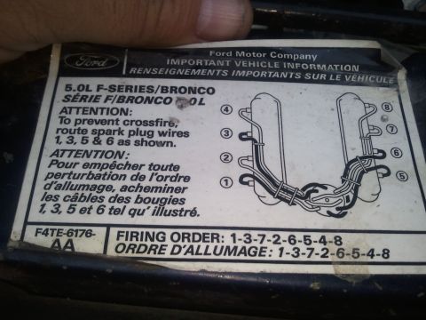 1994 Ford Bronco - Spark plug wire routing diagram and firing order (1-3-7-2-6-5-4-8) label for a Ford 5.0L V8.