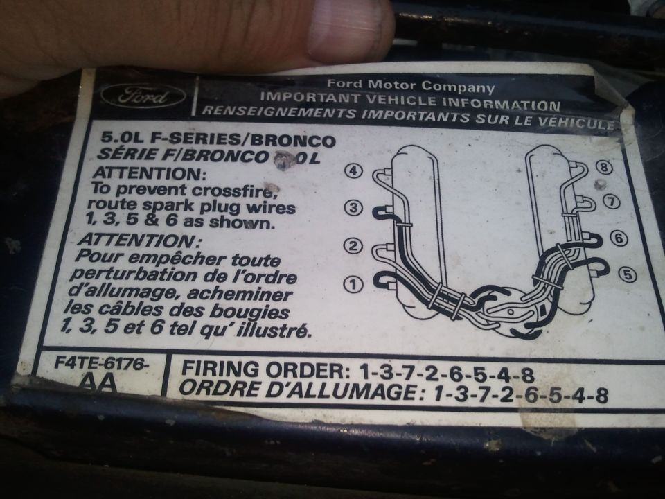 Ford label showing spark plug wire routing diagram and firing order for 5.0L F-Series/Bronco