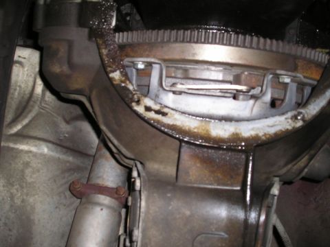 1997 Ford F-250 - Close-up view of a transmission bell housing and flywheel assembly.