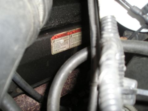 1997 Ford F-250 - Warning labels are visible in the engine compartment, surrounded by hoses and tubing.
