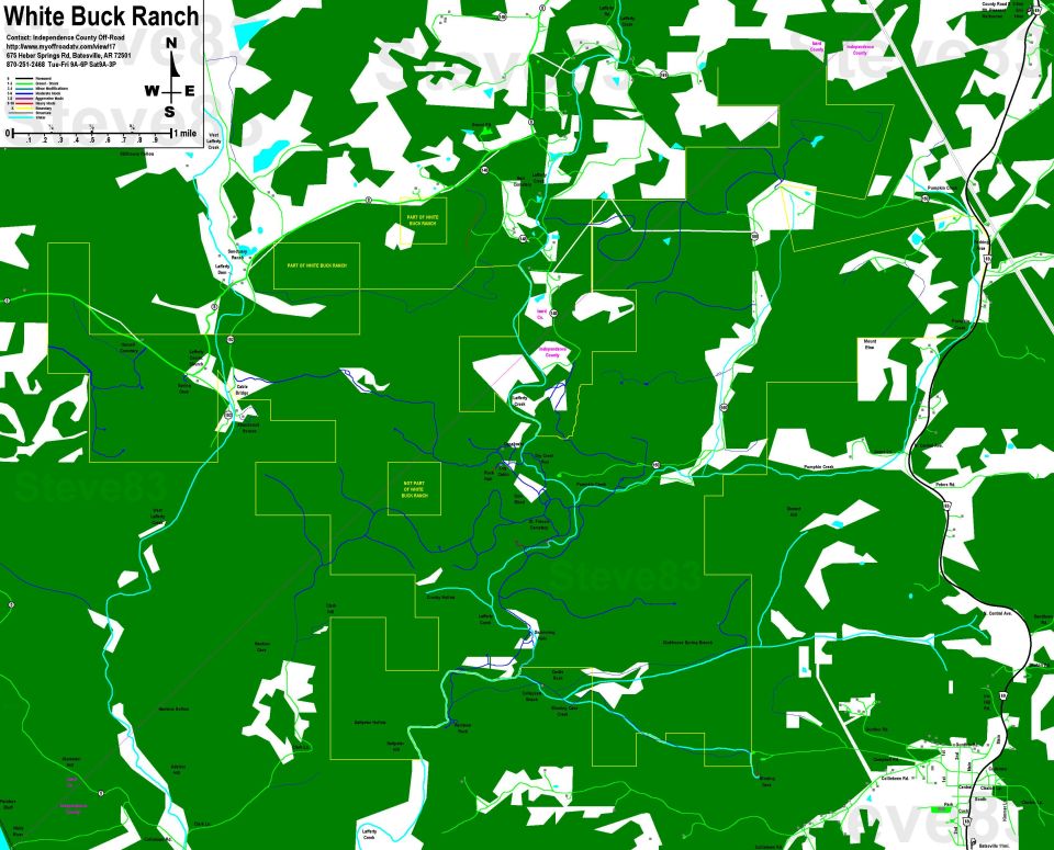 Green topographic map titled White Buck Ranch off-road trail map