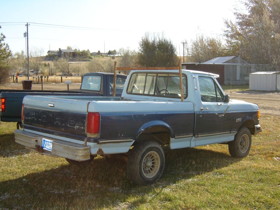 Two-tone blue Ford F-150 pickup truck parked in a grassy area with another truck behind it