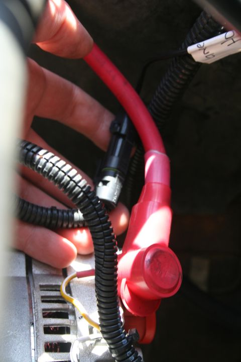 1982 Ford Bronco - Close-up of automotive wiring and a red battery cable connection.