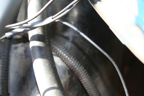 1982 Ford Bronco - A close-up view of engine bay components, including hoses and electrical wiring, with a corrugated conduit.