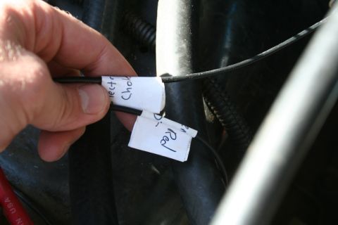 1982 Ford Bronco - Hand labels wiring harness with 'electric Choke' and 'Red' tags.