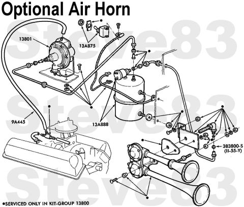 1983 Ford Bronco - Optional Air Horn Kit uses a manifold-vacuum-powered air pump (13801) to fill a reservoir with attached solenoid valve (13A888 ) to supply…