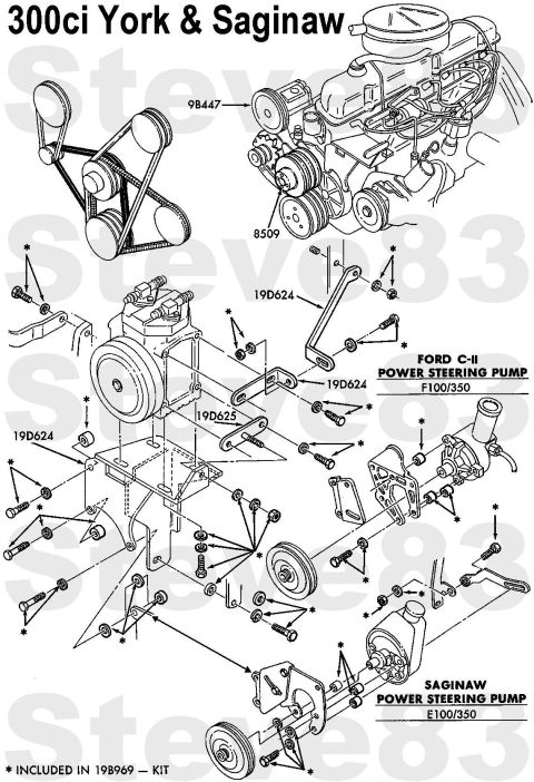 1983 Ford Bronco - 300ci V-belt York A/C Compressor & Saginaw P/S Pump IF THE IMAGE IS TOO SMALL, click it.