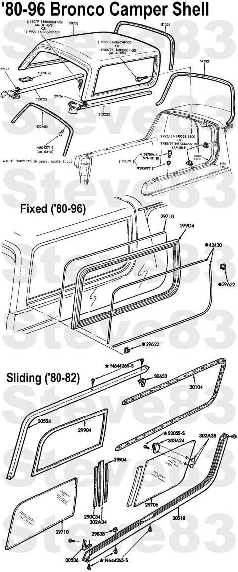 1983 Ford Bronco - '80-96 Bronco Camper Shell & Sliding Side Windows IF THE IMAGE IS TOO SMALL, click it. 290C34 - Weatherstrip, division bar rear (EOTZ98290C…