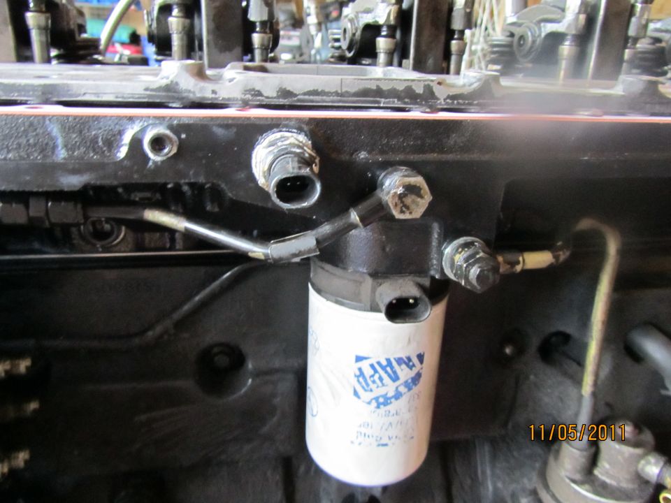 Engine block with NAPA fuel filter and connectors
