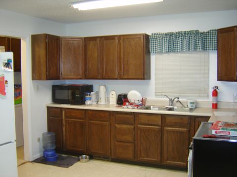 1984 Ford Mustang - Interior view of a kitchen wood cabinetry, a microwave, sink, and a refrigerator.