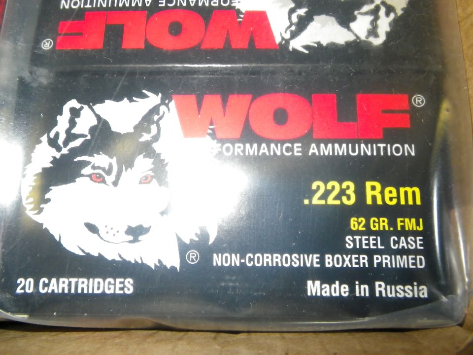 box of Wolf Performance Ammunition, .223 Rem, 62 GR. FMJ, Steel Case, Non-Corrosive Boxer Primed, Made in Russia, 20 Cartridges