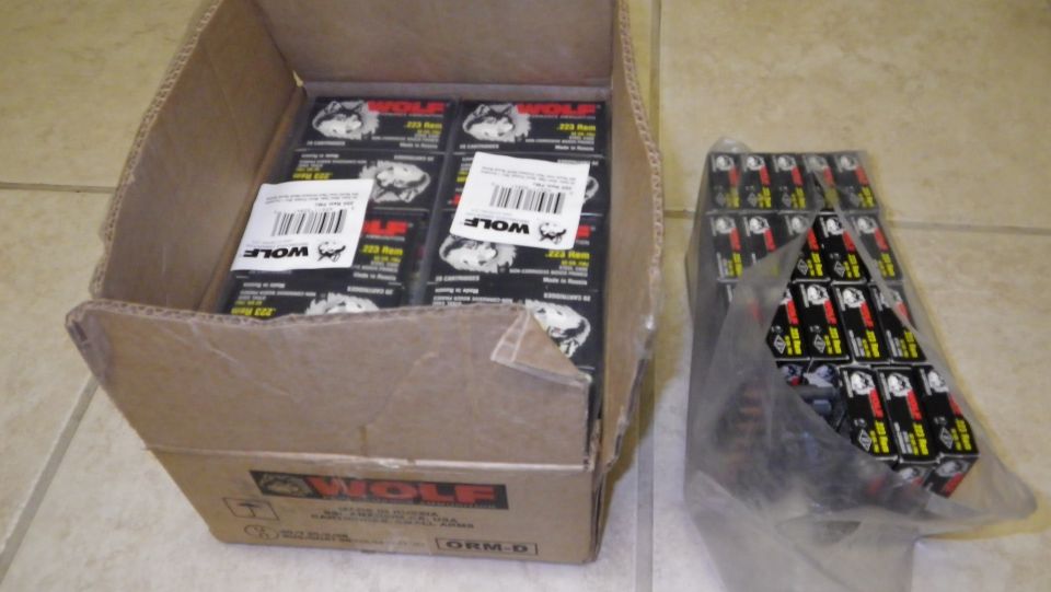 Boxes of Wolf brand ammunition, 223 Rem