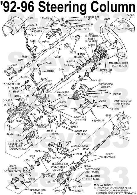 1983 Ford Bronco - '92-96 Steering Column This is a mixed-up diagram because it shows a horn pad on a '92-93 wheel, but it also shows a '94-96 clock spring fo…