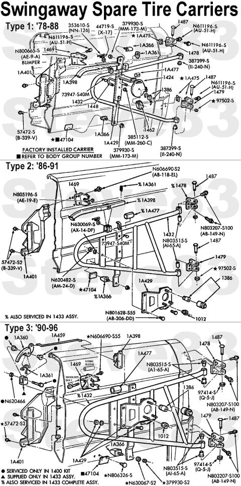 1983 Ford Bronco - Swingaway Spare Tire Carrier Types '78-96 IF THE IMAGE IS TOO SMALL, click it. Specific year ranges are approximate. FOTZ-1432-A Carrier fr…