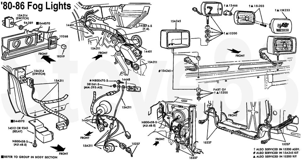 Exploded diagram of 1980-86 fog lights wiring and components