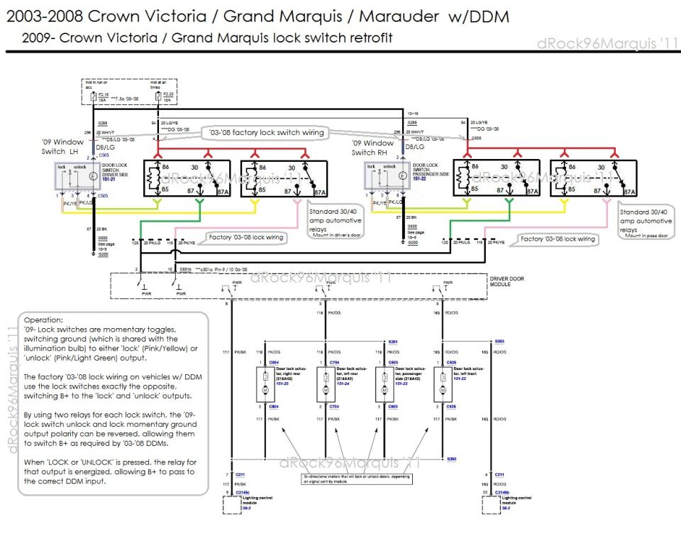 Wiring diagram for 2003-2008 Crown Victoria Grand Marquis Marauder door lock switch retrofit