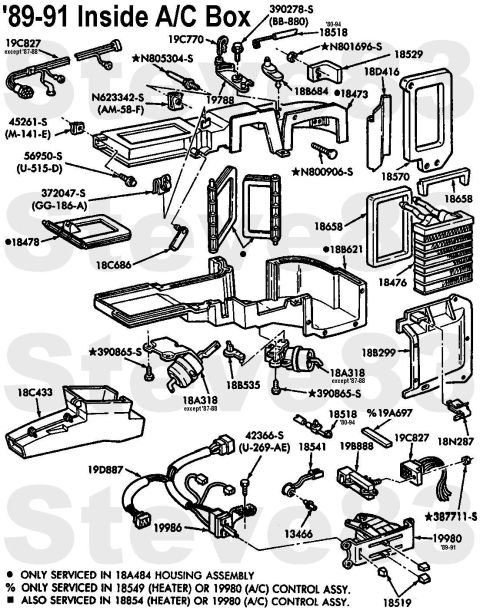 1983 Ford Bronco - Late '88-91 Inside HVAC Box 13466 - Backlight bulb 18473 - Upper housing 18476 - Heater core 18478 - Defrost door 18518 - Operating cable (…