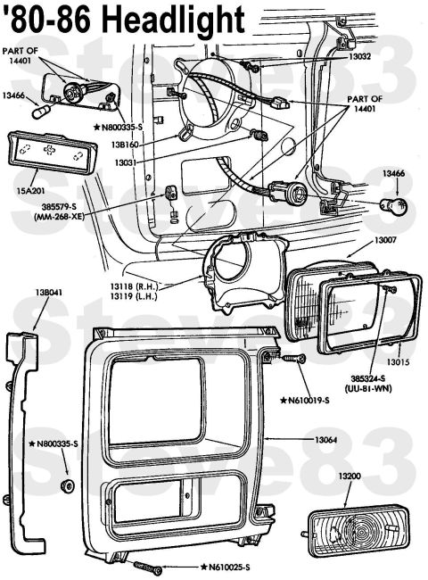 1983 Ford Bronco - '80-86 Headlight IF THE IMAGE IS TOO SMALL, click it. E2TZ-13064-A Headlamp Door, right chrome & charcoal E2TZ-13064-B Headlamp Door, left…