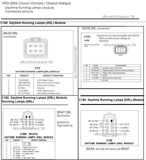 1998 Ford Crown Victoria - Electrical diagrams detail connector pinouts for daytime running lamps modules on 1992-2005 Ford Crown Victoria and Grand Marquis models.