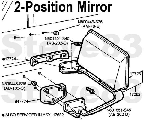 1983 Ford Bronco - 2-Position Breakaway Hi-Lo Mount Mirror The additional arm (barely visible in the diagram below the mirror head) pivots out, shifting the m…