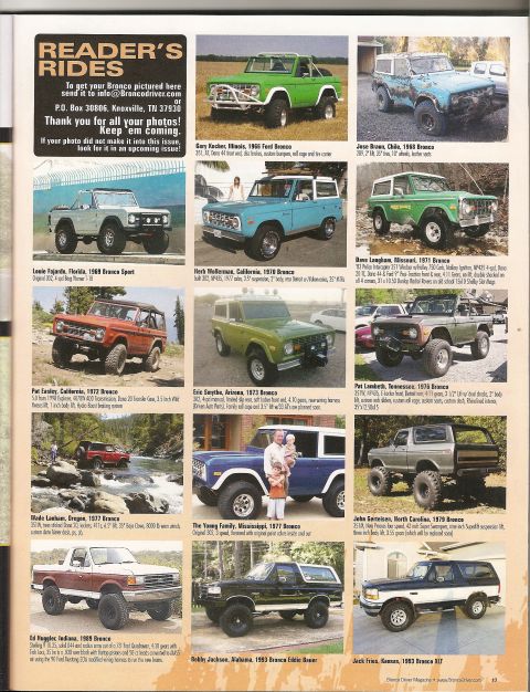 1989 Ford Bronco - Bronco Driver Magazine Reader's Rides spread: grid of owner-submitted early Ford Broncos (1966-1993) with build specs like Dana 44 axles, 3…