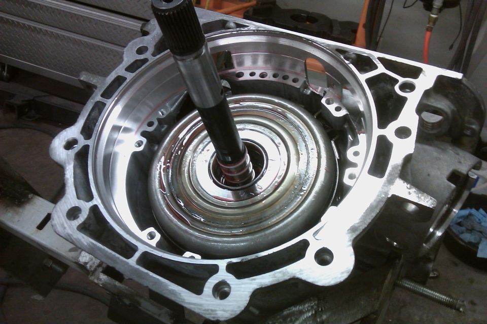 Transmission torque converter assembly with internal components visible