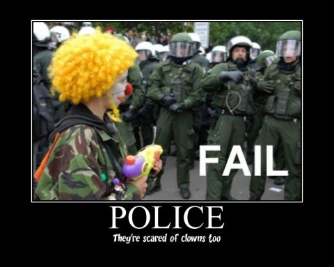2000 Mercury Grand Marquis - A humorous meme depicting a clown confronting police officers, with the caption 'POLICE: They're scared of clowns too'.