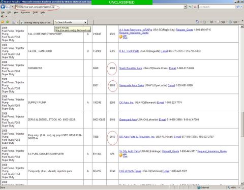 2008 Ford F-250 - This is a screenshot of a search results page for Ford truck parts, displaying various vendors and pricing information.