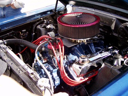 1999 Ford Crown Victoria - Close-up of a car's engine bay, an aftermarket air filter and polished components.