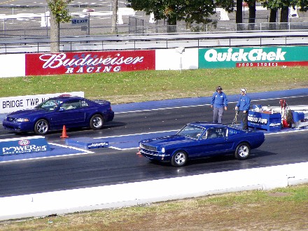1999 Ford Crown Victoria - Two blue Ford Mustangs compete on a drag strip, with advertising banners in the background.