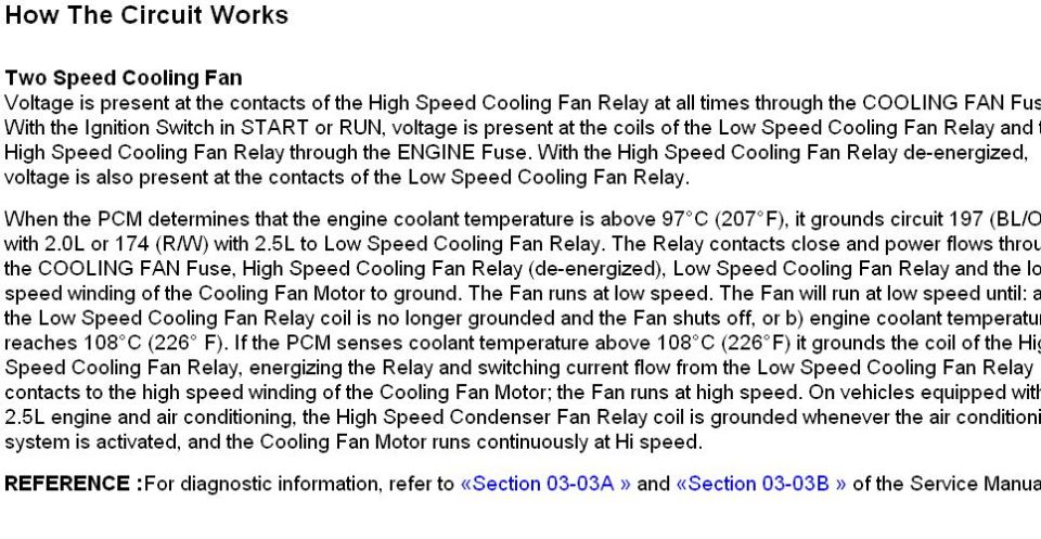 Two-speed cooling fan circuit operation description for 2.0L/2.5L with PCM control