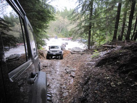 2008 Jeep Wrangler - A convoy of Jeep Wranglers navigates a challenging off-road course through a wooded area.