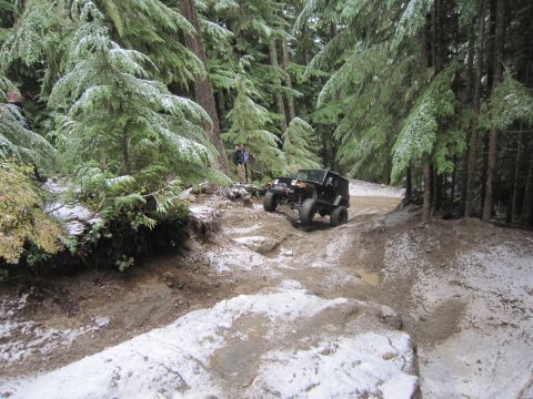 2008 Jeep Wrangler - Two Jeep Wranglers tackle a challenging off-road trail with snow on the ground and trees.