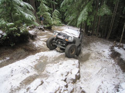 2008 Jeep Wrangler - An off-road vehicle tackles a challenging, snow-covered path through a dense forest.