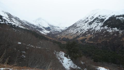 1986 Chevrolet Blazer - A wide view of a valley with snow-covered mountains and sparse trees under an overcast sky.