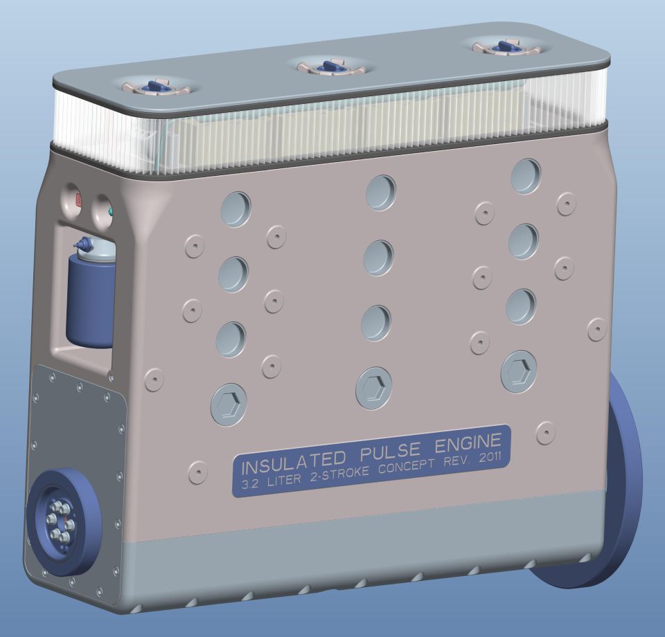 3D render of gray boxy 'Insulated Pulse Engine' 3.2L 2-stroke concept
