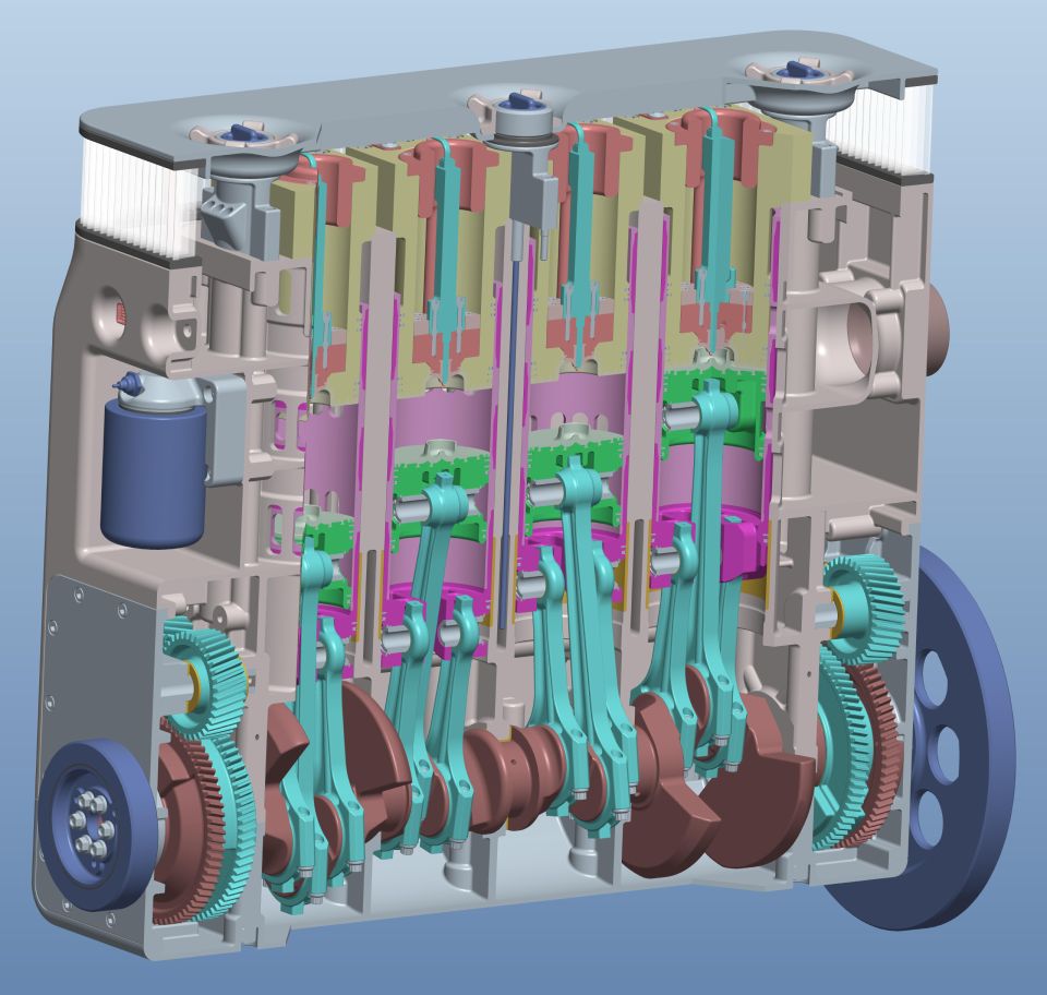 3D CAD cutaway render of an inline engine showing pistons, connecting rods, crankshaft and timing gears