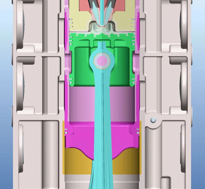 3D CAD cross-section close-up of an engine cylinder, piston and combustion chamber