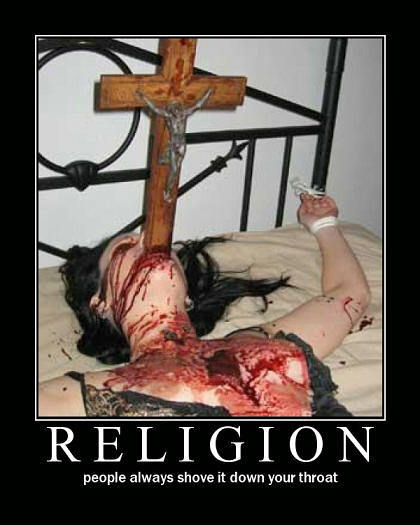 2000 Mercury Grand Marquis - Graphic religious imagery with text 'RELIGION' and 'people always shove it down your throat'.