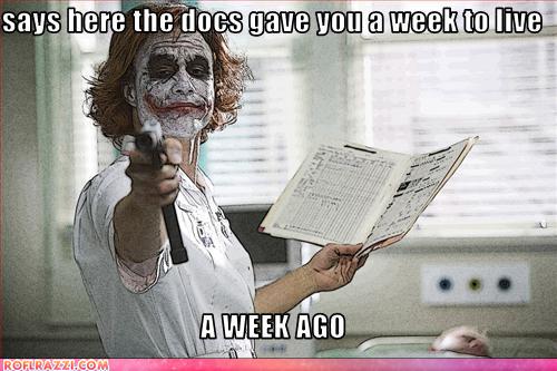 Joker holding a gun and a medical chart with text overlay