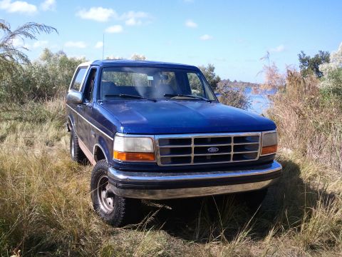 1994 Ford Bronco - A blue Ford Bronco is parked off-road in a grassy area with trees and water in the background.