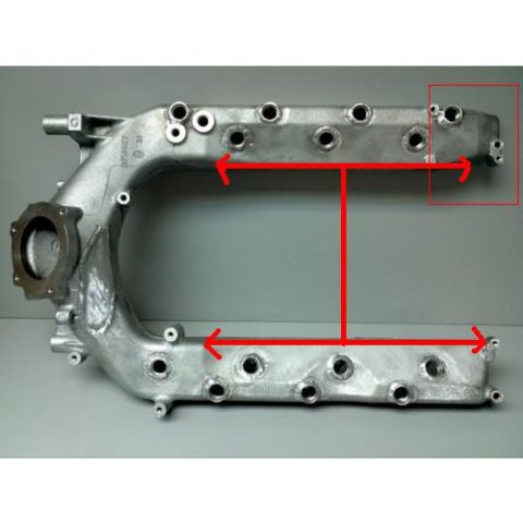 2008 Ford F-250 - An aluminum intake manifold is shown with red lines indicating measurements.