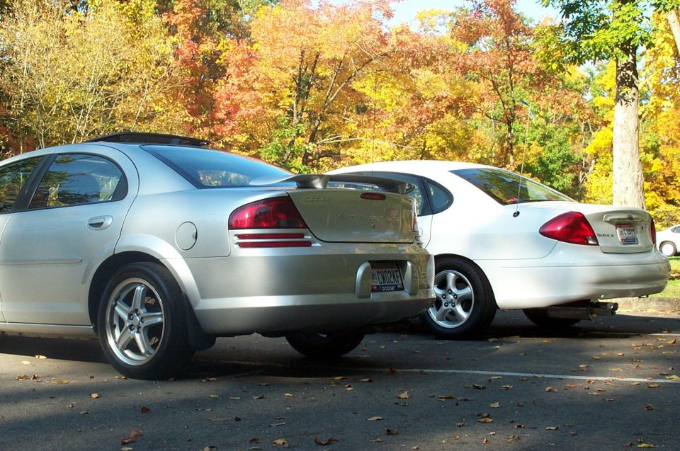 Silver sedan and white sedan parked side-by-side, rear view. White car has a 2001 Ford Taurus badge