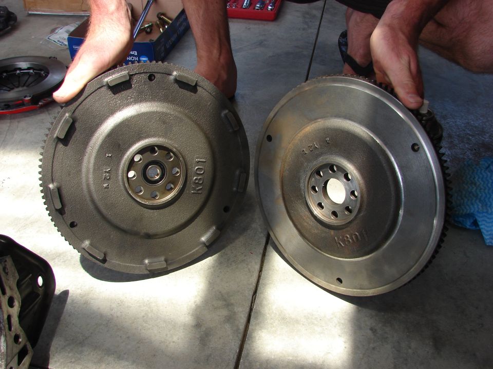 Front view for comparison. Lightened Flywheel on Right showing amount of material removed. See side view photo for comparison
