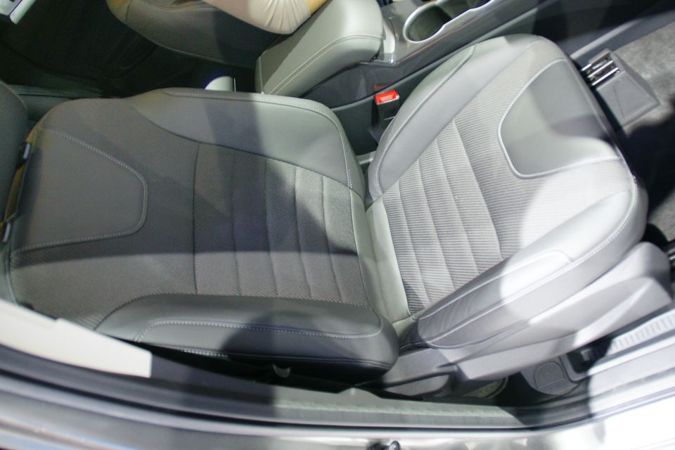 Gray fabric and leather interior seats with stitching detail