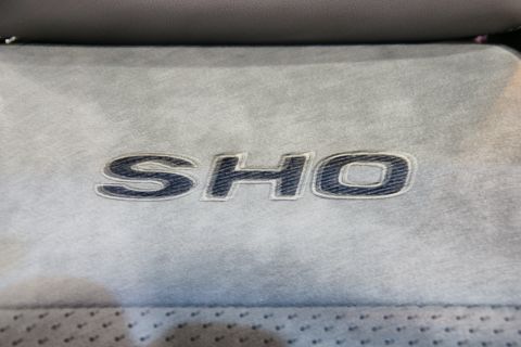 1993 Ford Taurus - Close-up of the SHO emblem stitched onto the upholstery of a car seat.
