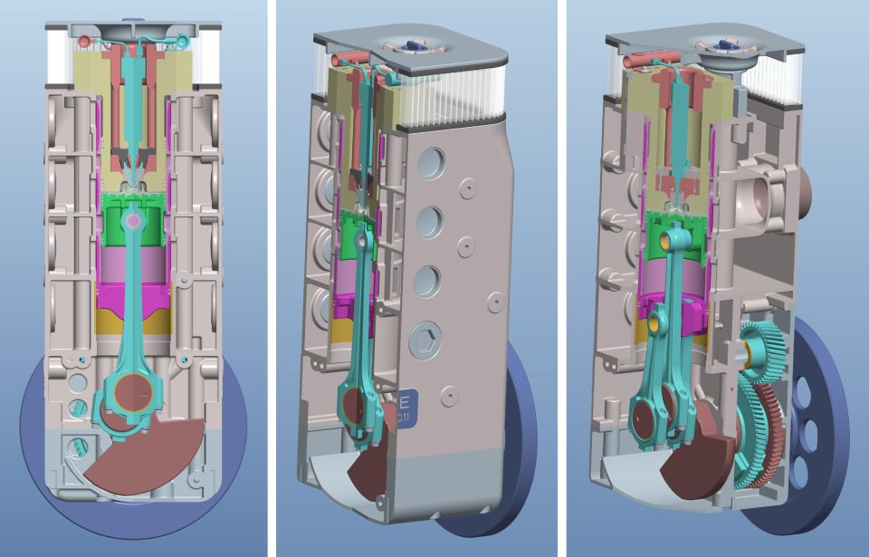 Three 3D CAD cutaway views of an engine showing internal pistons, rods and crankshaft