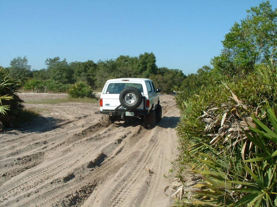 White SUV with spare tire on rear bumper driving on a sandy track with vegetation on the right